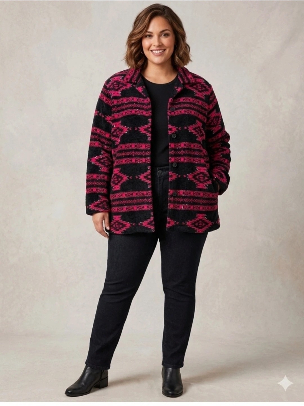 Coldwater Creek Black & Magenta Aztec Teddy Jacket